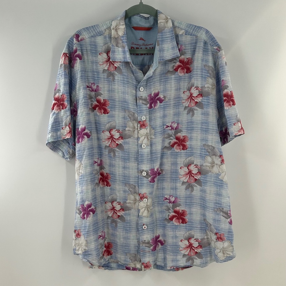 Tommy Bahama Relax Mens XL Blue Plaid Floral Linen Cotton Short Sleeve Shirt